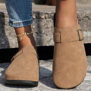Light French Beige Suede Buckle Detail Slippers – Size 8.5